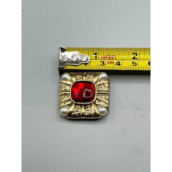 Vintage Red & Gold Brooch Square Design with Pearl Drops Corners Costume Jewelry - Picture 11 of 11